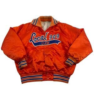 Vintage Warren Michigan Local 909 UAW Union Satin Orange Bomber Work Jacket
